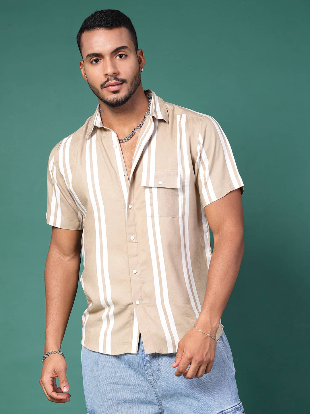     			Rigo Rayon Slim Fit Striped Half Sleeves Men's Casual Shirt - Beige ( Pack of 1 )