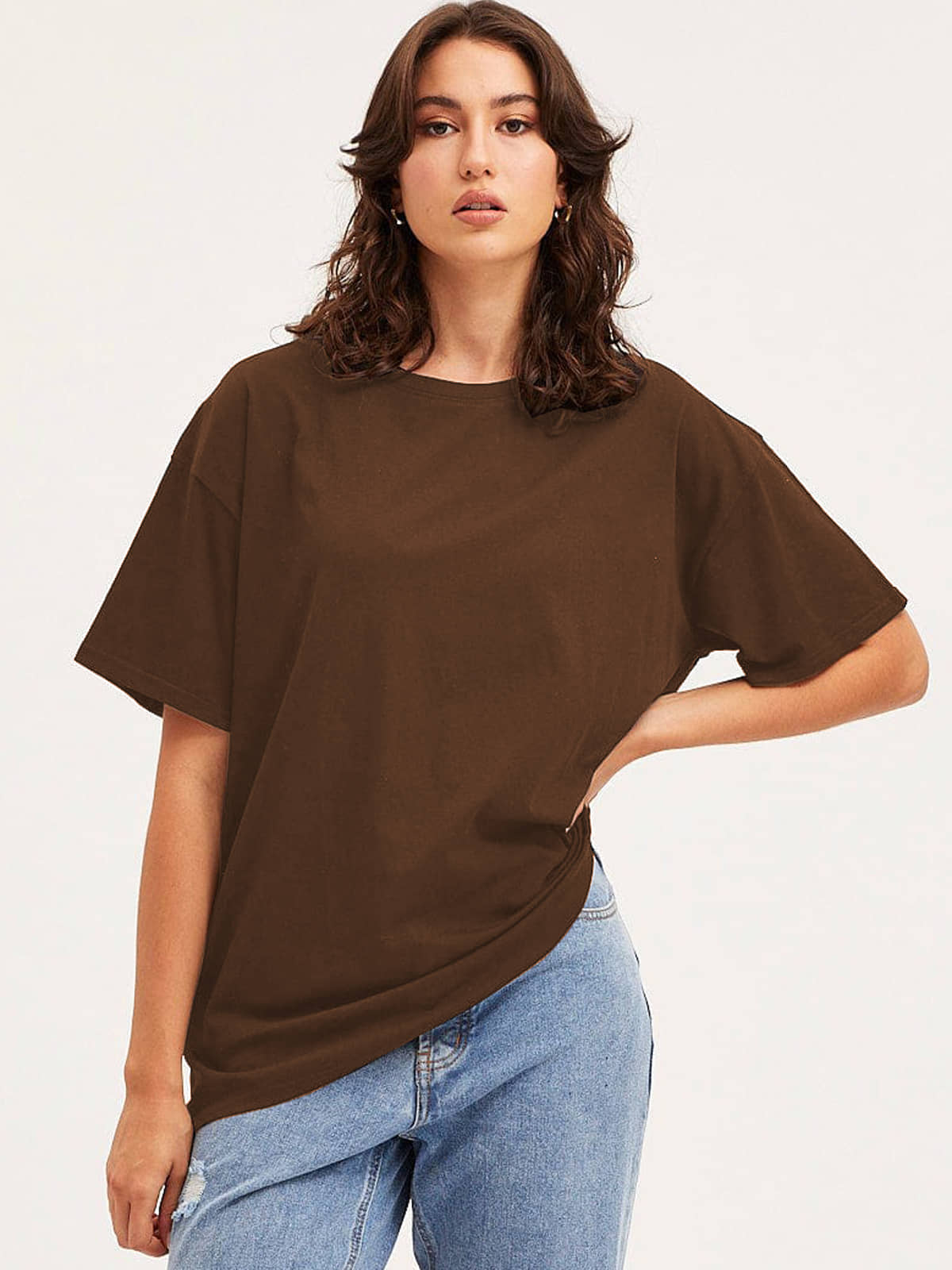 VIOUR Women Cotton Blend Solid Oversized Fit Round Neck T-Shirt ( Brown )