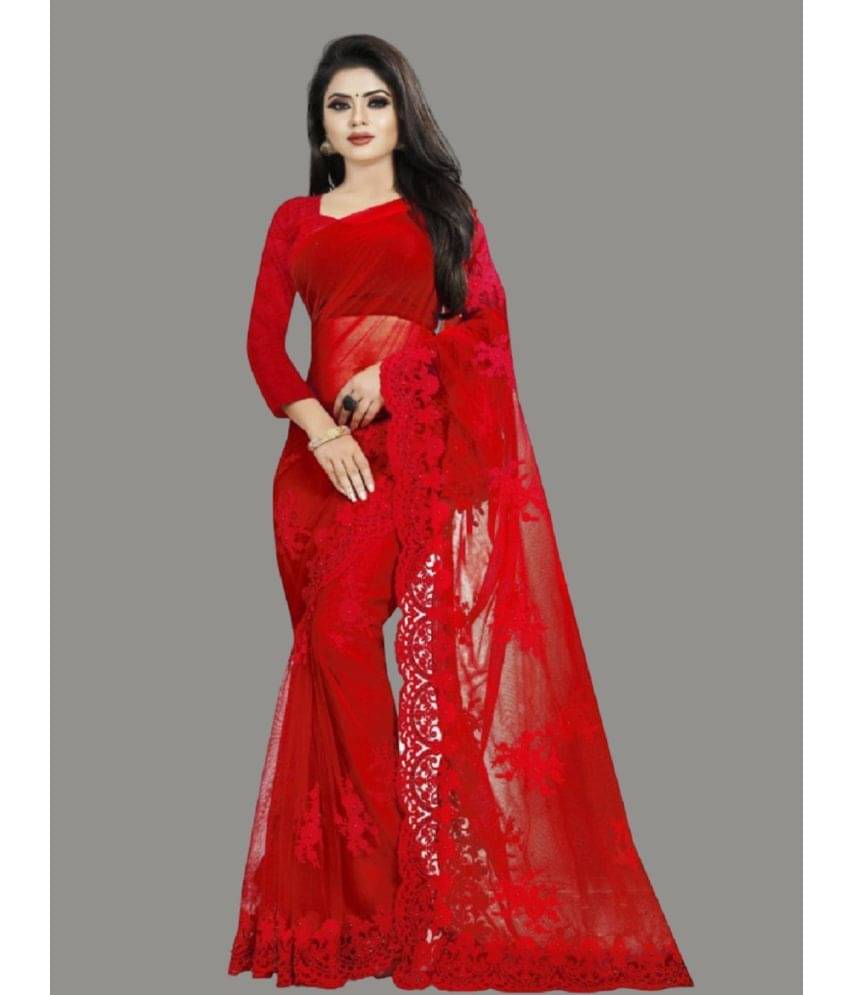 A TO Z CART Net Embroidered Saree With Unstitched Blouse Piece ( Red ) A TO Z CART Net Embroidered Saree With Unstitched Blouse Piece ( Red )