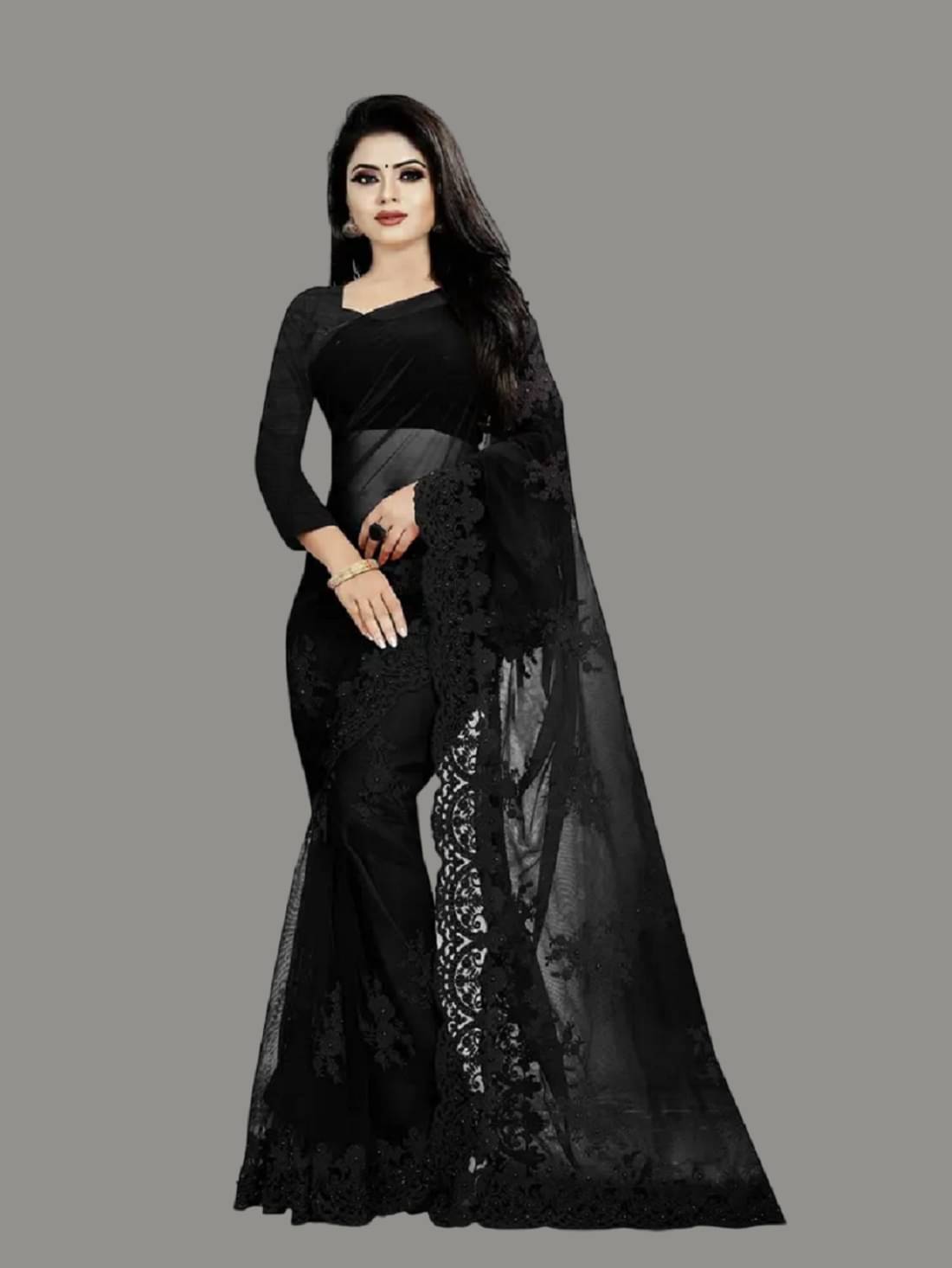 Aika Net Embroidered Saree With Unstitched Blouse Piece ( Black ) Aika Net Embroidered Saree With Unstitched Blouse Piece ( Black )
