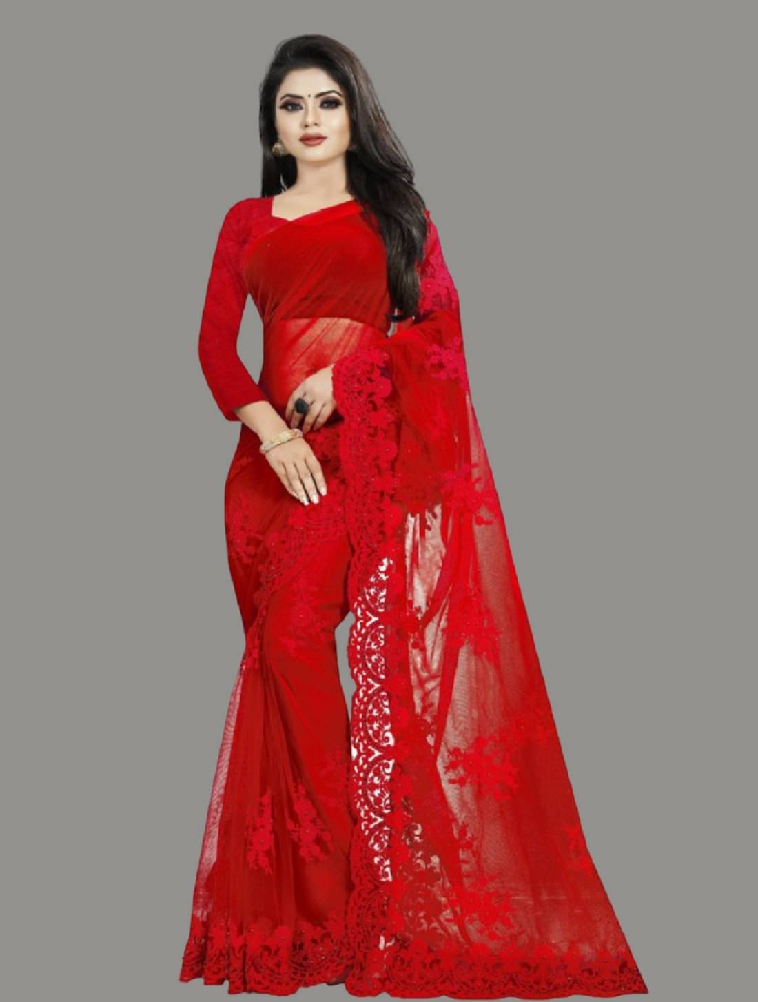    			Aika Net Embroidered Saree With Unstitched Blouse Piece ( Red )