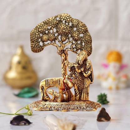     			Art n Hub Metal Krishna with Cow Standing Under Tree Plying Flute Decorative Showpiece/God Idol (Pack of 1)