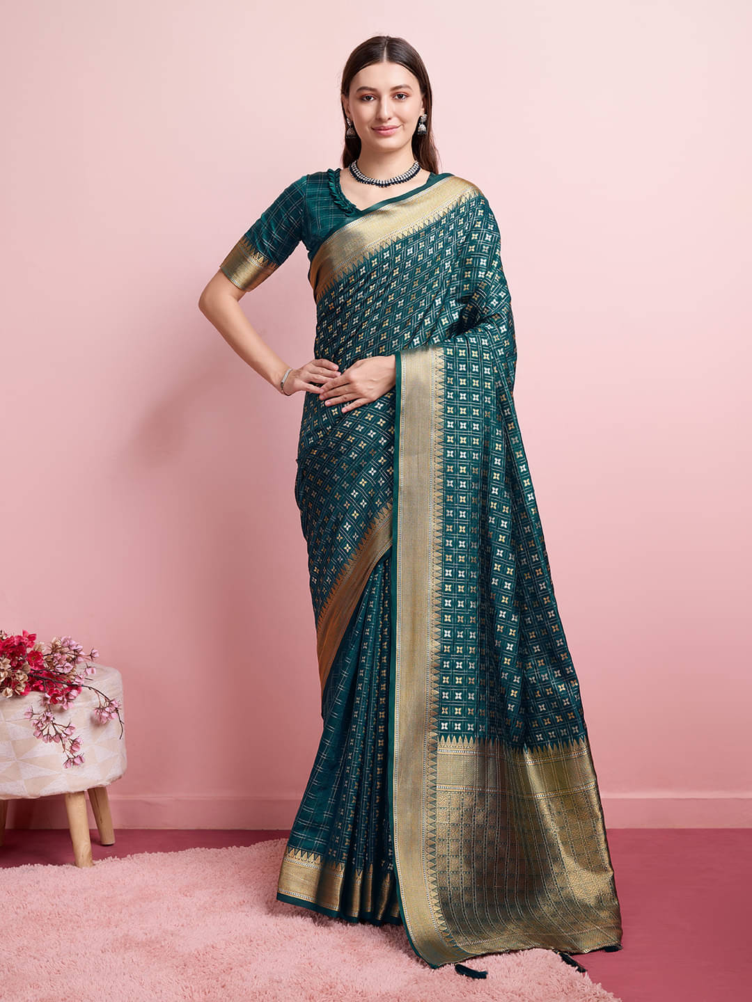 Doi Moi Silk Embellished Saree With Unstitched Blouse Piece ( Teal ) Doi Moi Silk Embellished Saree With Unstitched Blouse Piece ( Teal )
