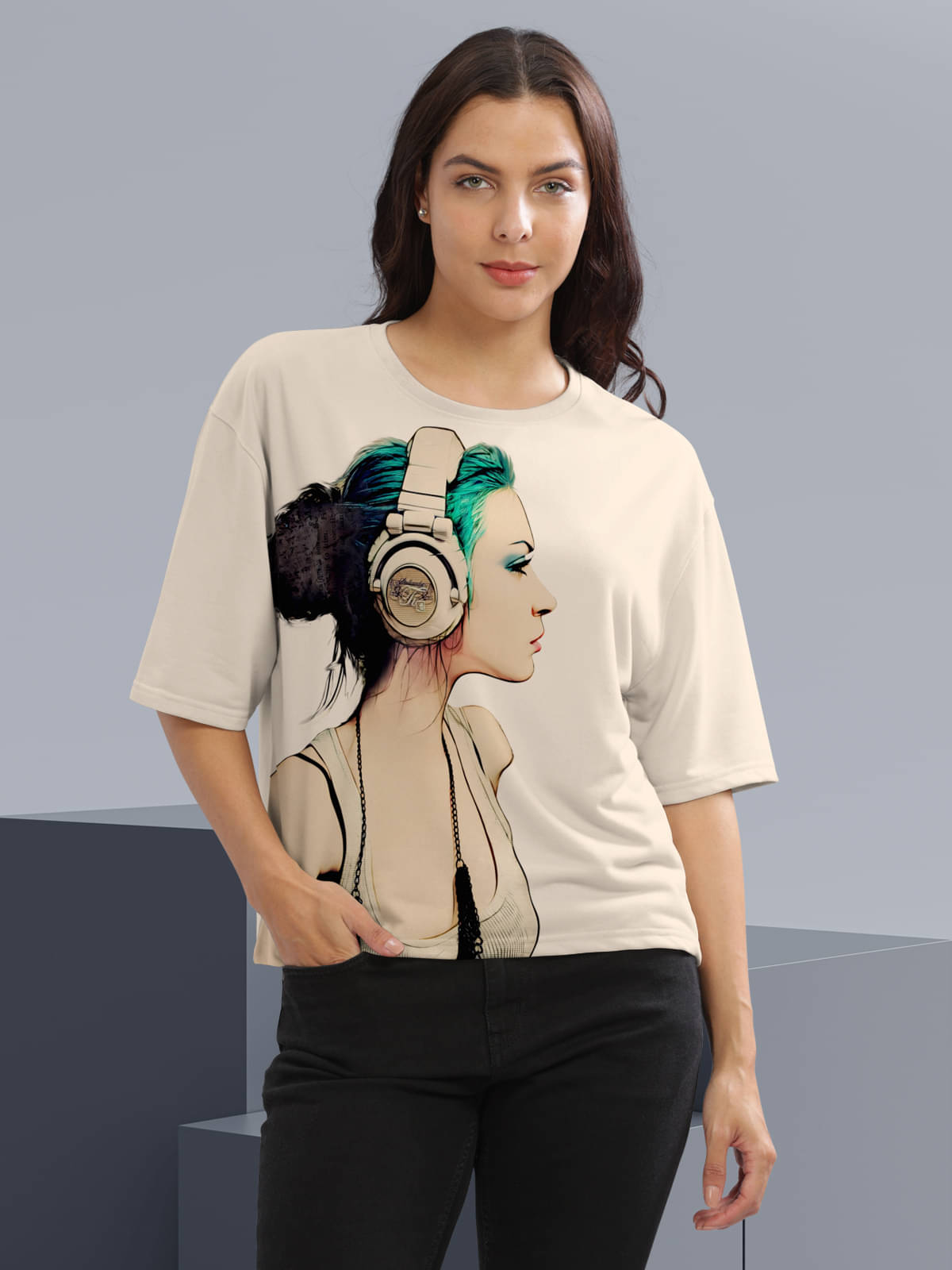     			HELLCAT Women Cotton Blend Printed Oversized Fit Round Neck T-Shirt ( Beige )
