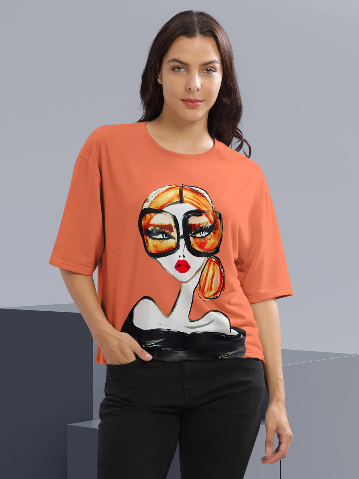 HELLCAT Women Cotton Blend Printed Oversized Fit Round Neck T-Shirt ( Orange )     			HELLCAT Women Cotton Blend Printed Oversized Fit Round Neck T-Shirt ( Orange )