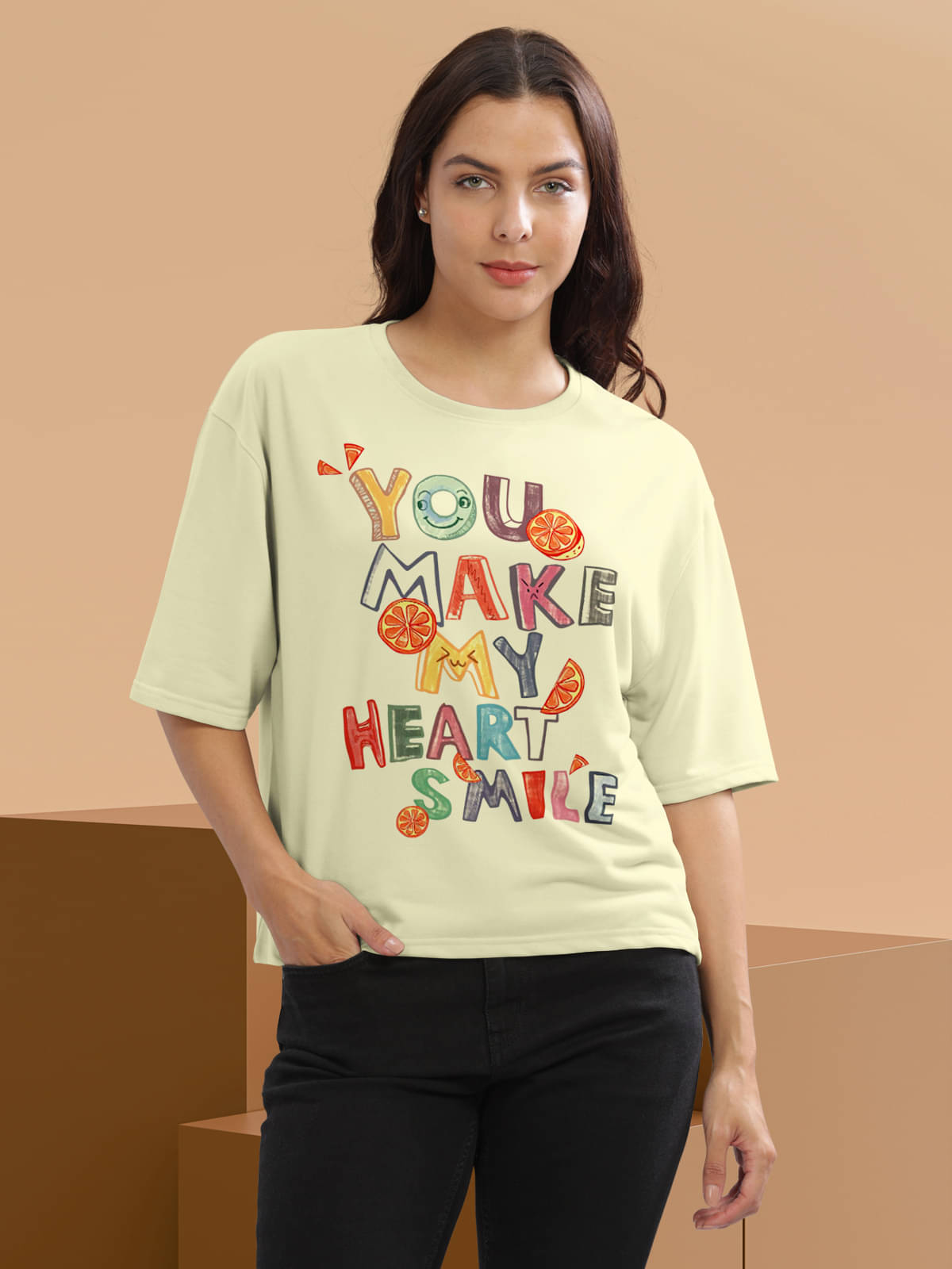     			HELLCAT Women Cotton Blend Printed Oversized Fit Round Neck T-Shirt ( Yellow )