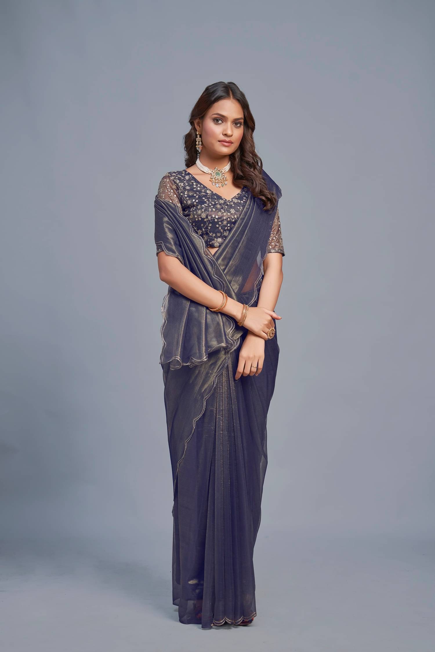 JULEE Organza Solid Saree With Unstitched Blouse Piece ( Navy Blue ) JULEE Organza Solid Saree With Unstitched Blouse Piece ( Navy Blue )