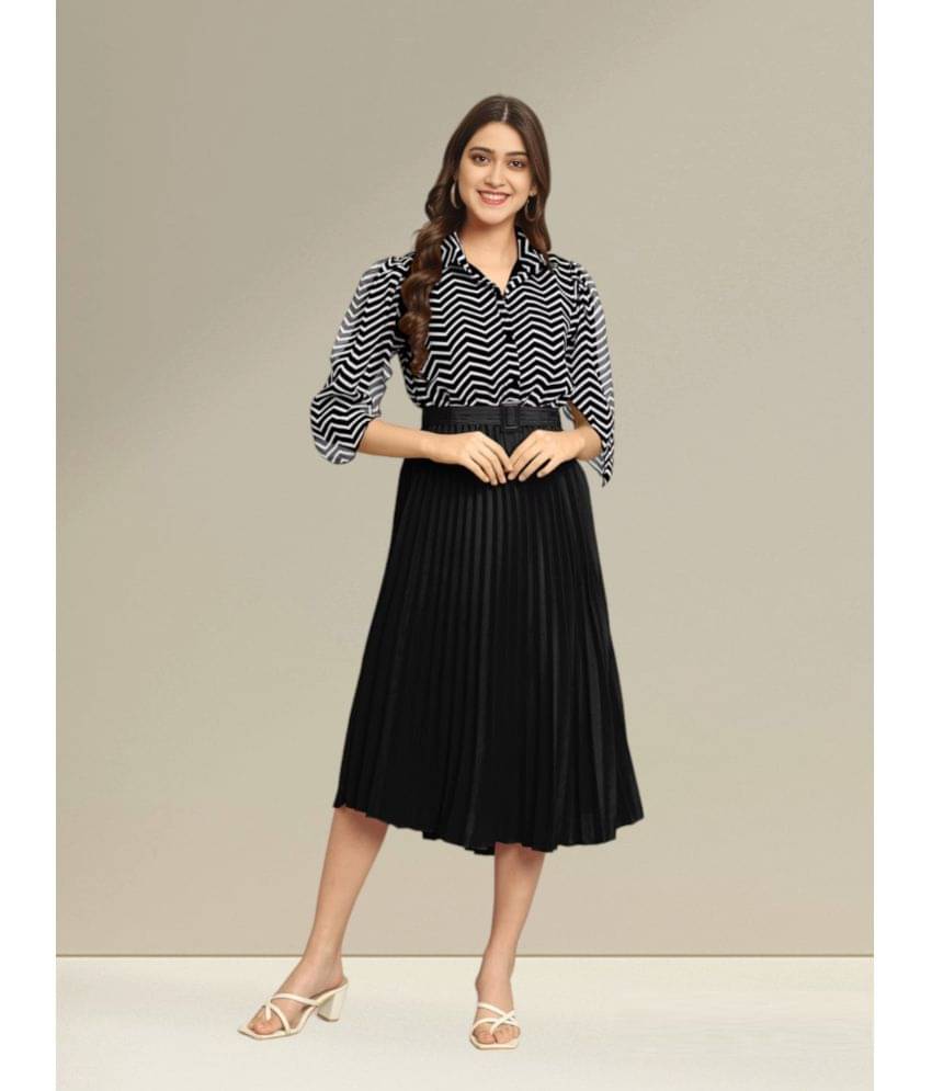     			Krunal Raiyani Polyester Printed Midi Women's Fit & Flare Dress - Black ( Pack of 1 )