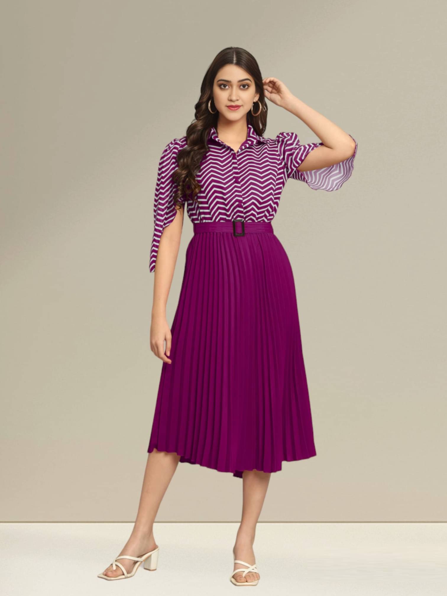 Krunal Raiyani Polyester Printed Midi Women's Fit & Flare Dress - Purple ( Pack of 1 ) Krunal Raiyani Polyester Printed Midi Women's Fit & Flare Dress - Purple ( Pack of 1 )