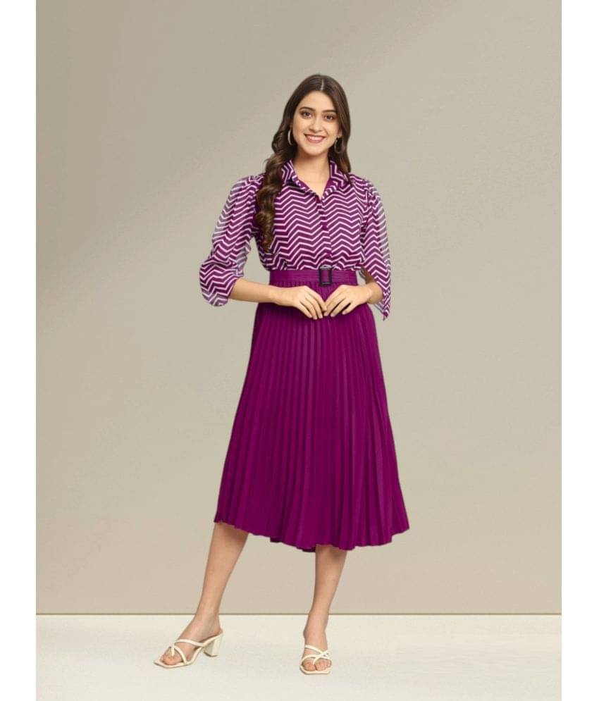 Krunal Raiyani Polyester Printed Midi Women's Fit & Flare Dress - Purple ( Pack of 1 ) Krunal Raiyani Polyester Printed Midi Women's Fit & Flare Dress - Purple ( Pack of 1 )