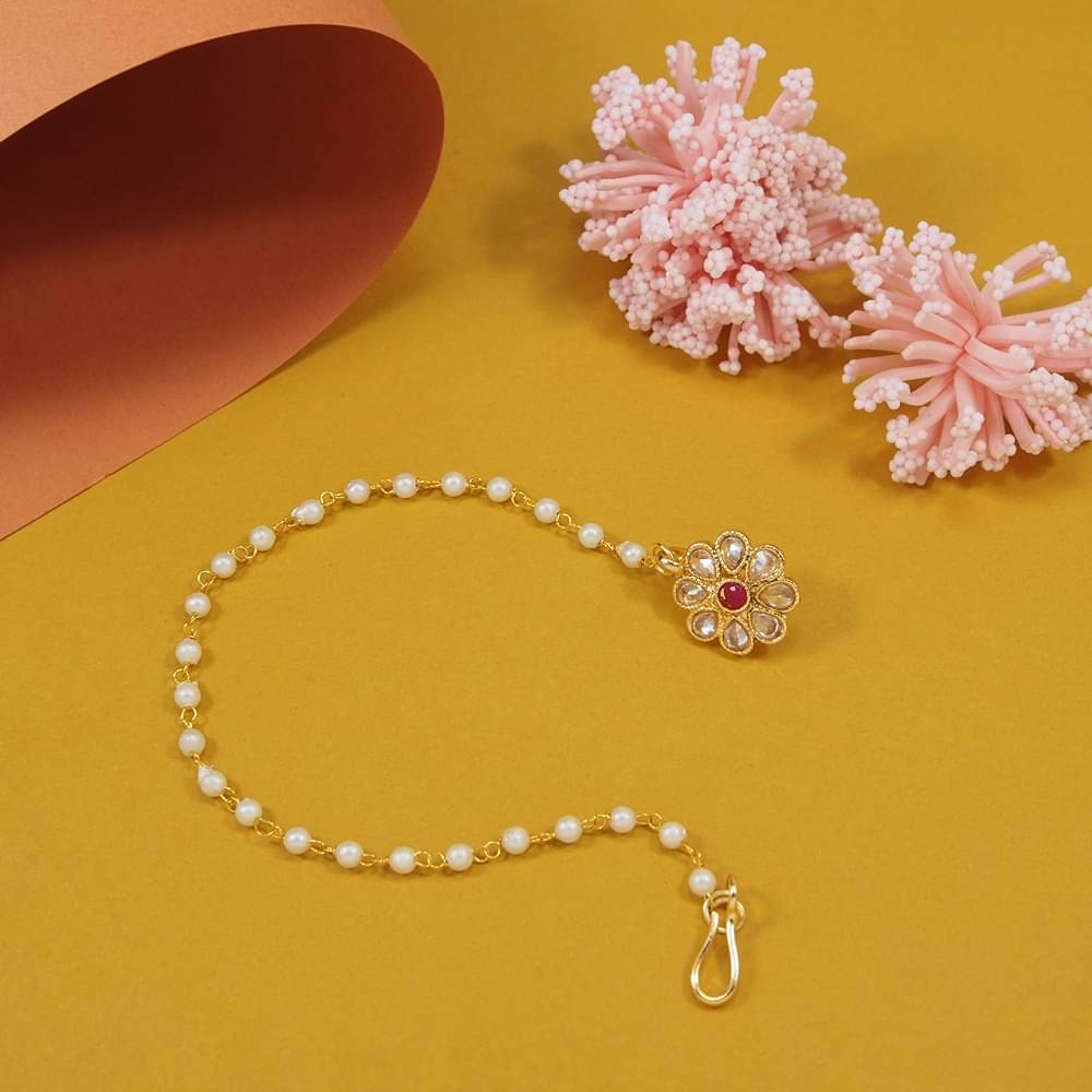     			Kundan Studded Gold Plated Non Pierced Nose Ring with Pearl Chain