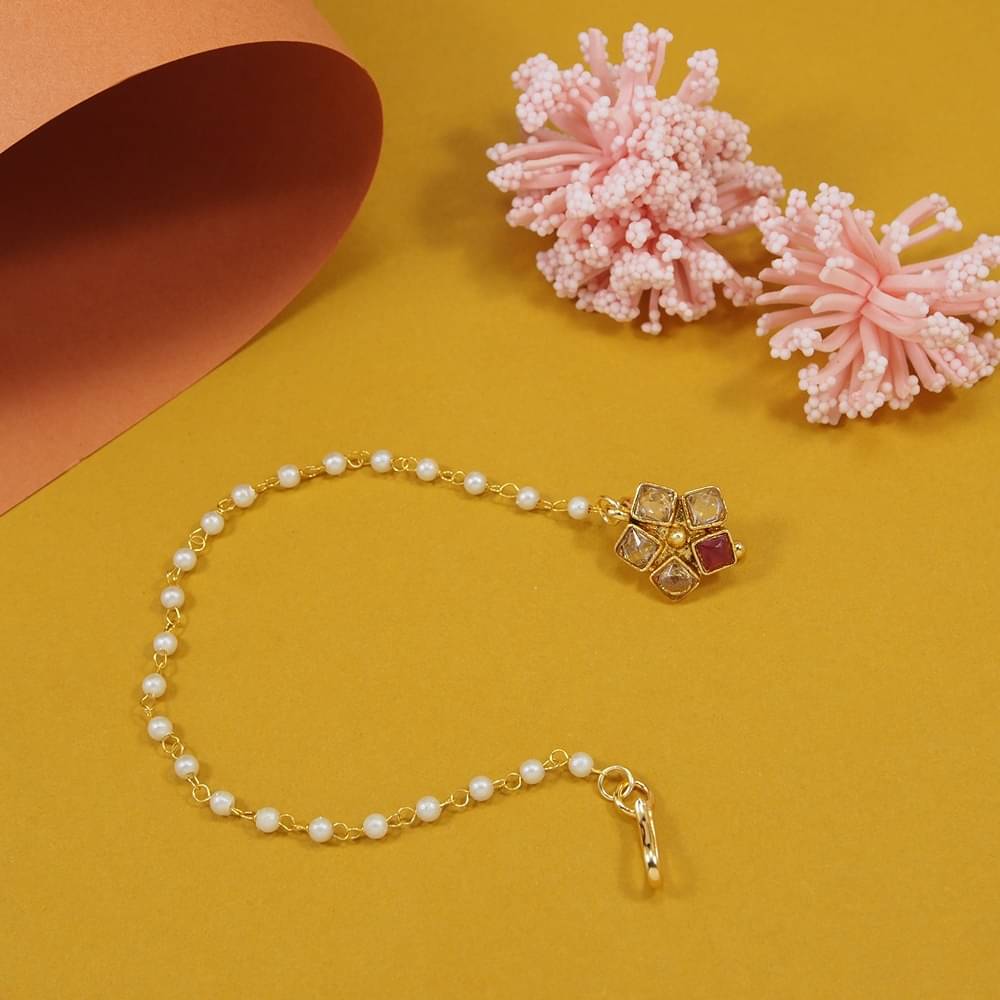     			Kundan Studded Gold Plated Non Pierced Nose Ring with Pearl Chain