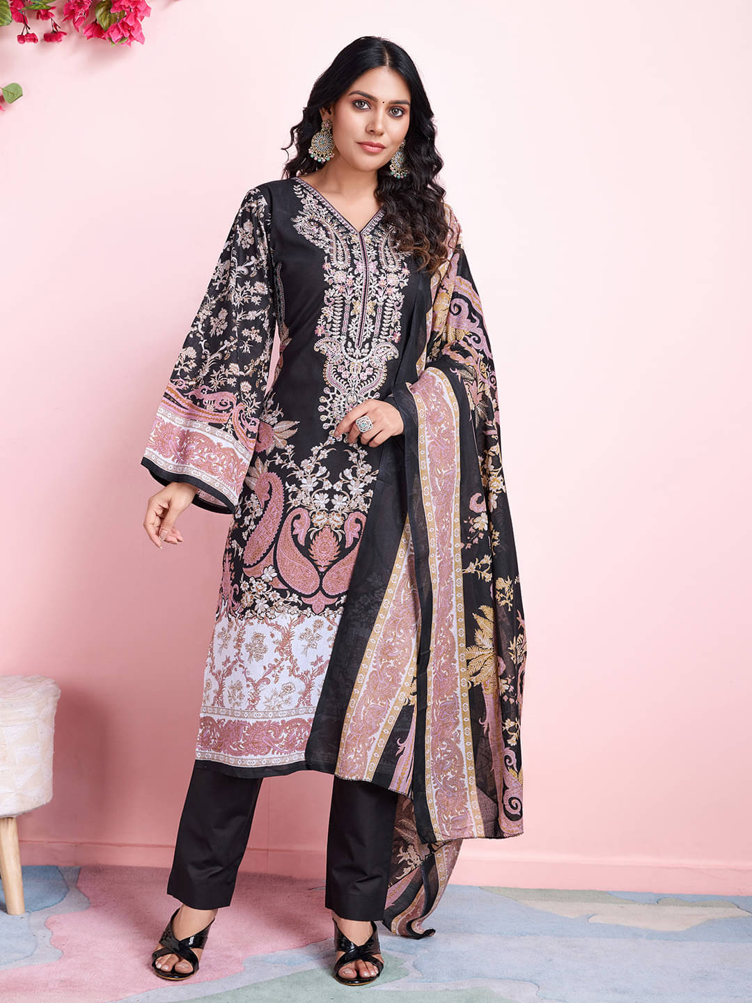 MOJILAA Cotton Printed Kurti With Pants Women's Stitched Salwar Suit - Black ( Pack of 1 ) MOJILAA Cotton Printed Kurti With Pants Women's Stitched Salwar Suit - Black ( Pack of 1 )