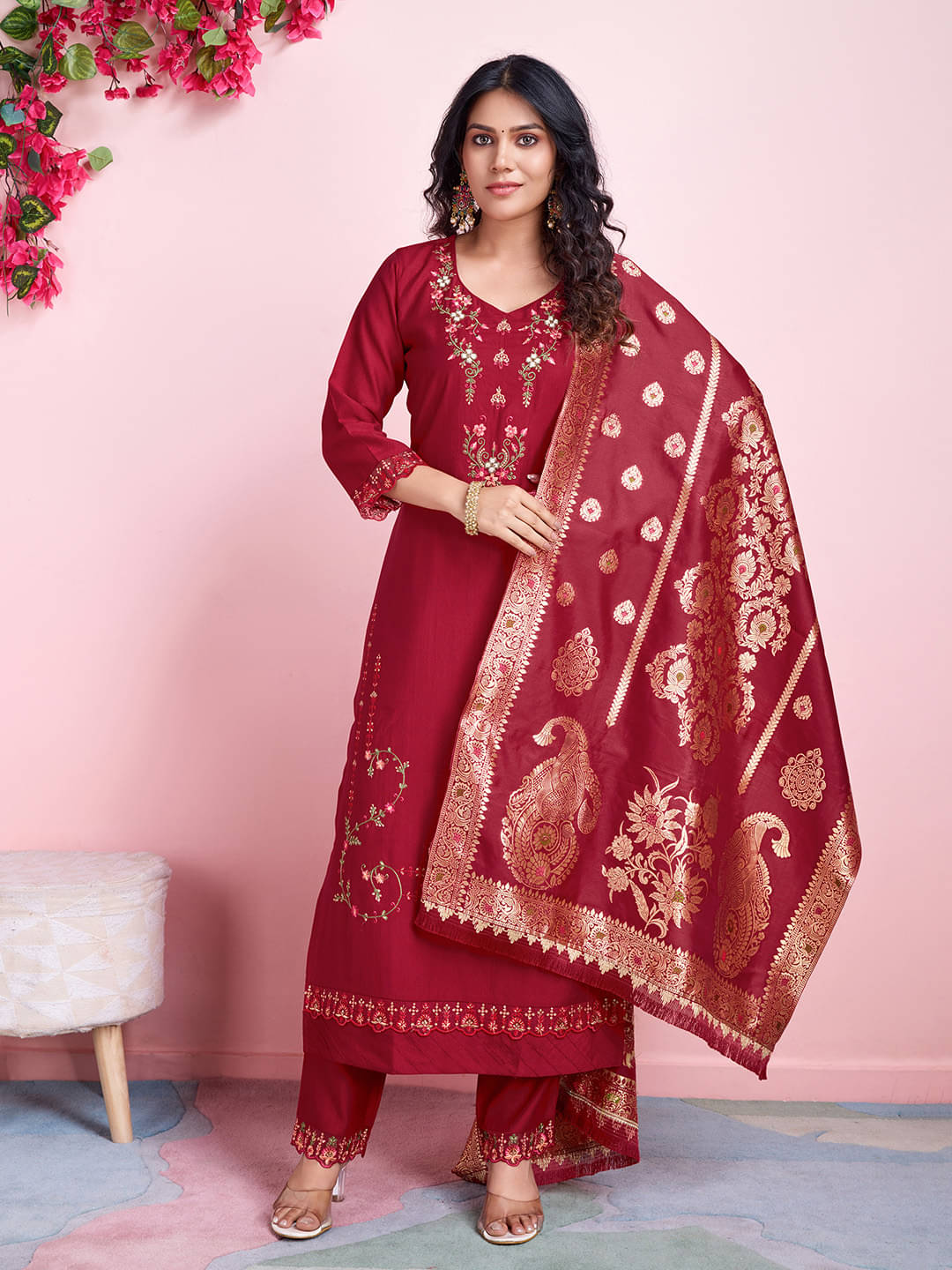     			MOJILAA Viscose Embroidered Kurti With Pants Women's Stitched Salwar Suit - Red ( Pack of 1 )