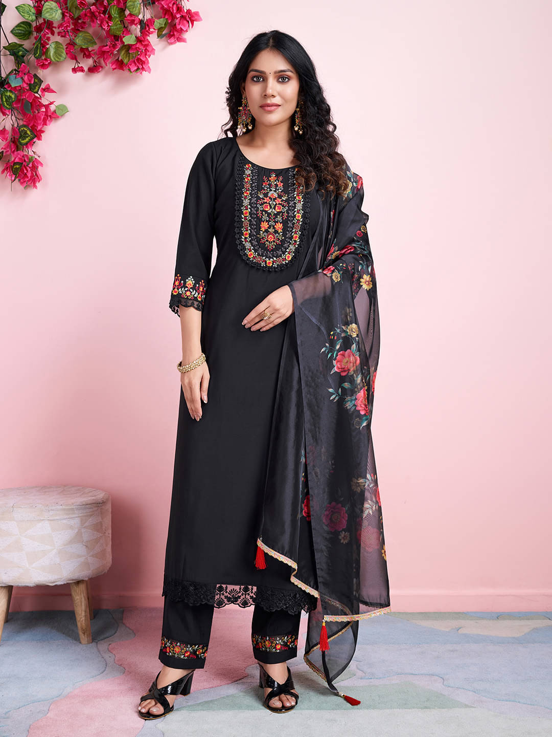 MOJILAA Viscose Embroidered Kurti With Pants Women's Stitched Salwar Suit - Black ( Pack of 1 ) MOJILAA Viscose Embroidered Kurti With Pants Women's Stitched Salwar Suit - Black ( Pack of 1 )