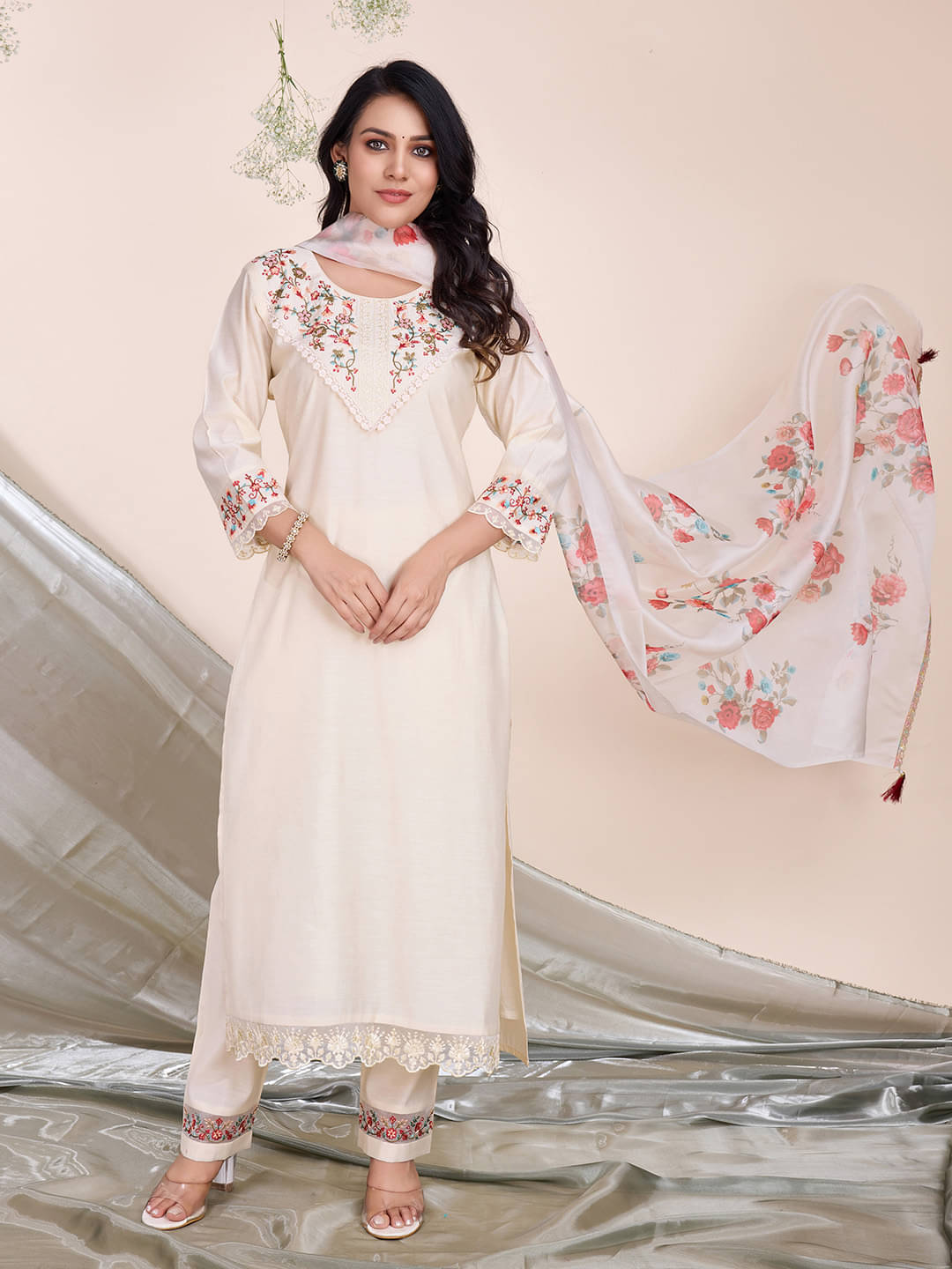 MOJILAA Viscose Embroidered Kurti With Pants Women's Stitched Salwar Suit - Cream ( Pack of 1 ) MOJILAA Viscose Embroidered Kurti With Pants Women's Stitched Salwar Suit - Cream ( Pack of 1 )
