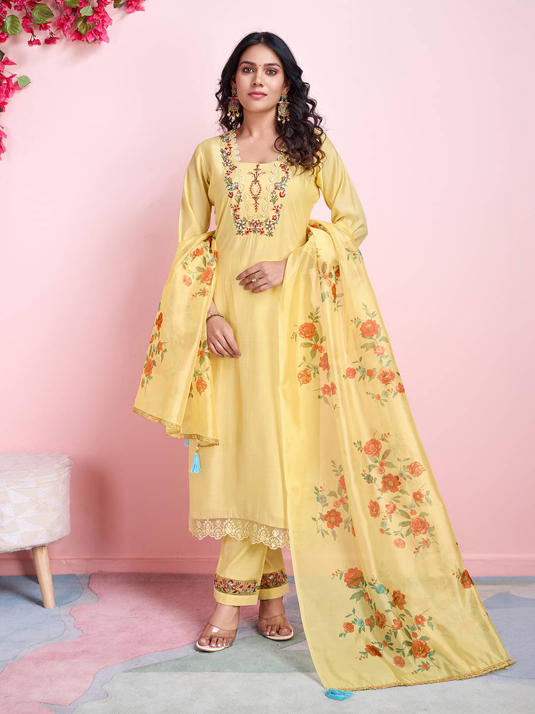     			MOJILAA Viscose Embroidered Kurti With Pants Women's Stitched Salwar Suit - Yellow ( Pack of 1 )