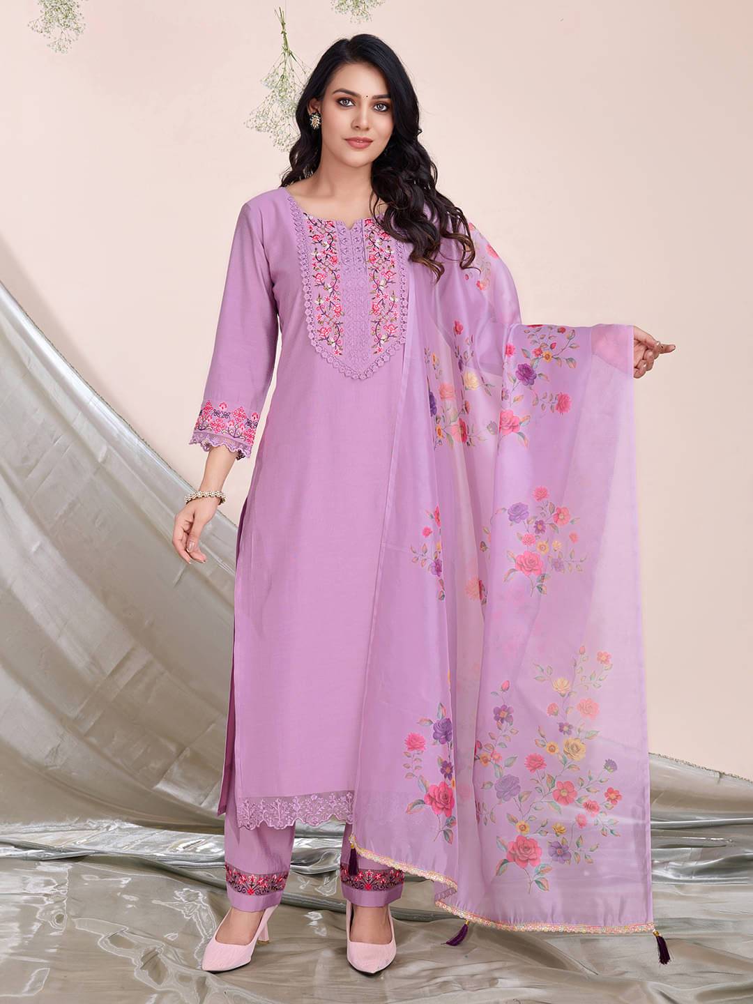 MOJILAA Viscose Embroidered Kurti With Pants Women's Stitched Salwar Suit - Lavender ( Pack of 1 ) MOJILAA Viscose Embroidered Kurti With Pants Women's Stitched Salwar Suit - Lavender ( Pack of 1 )