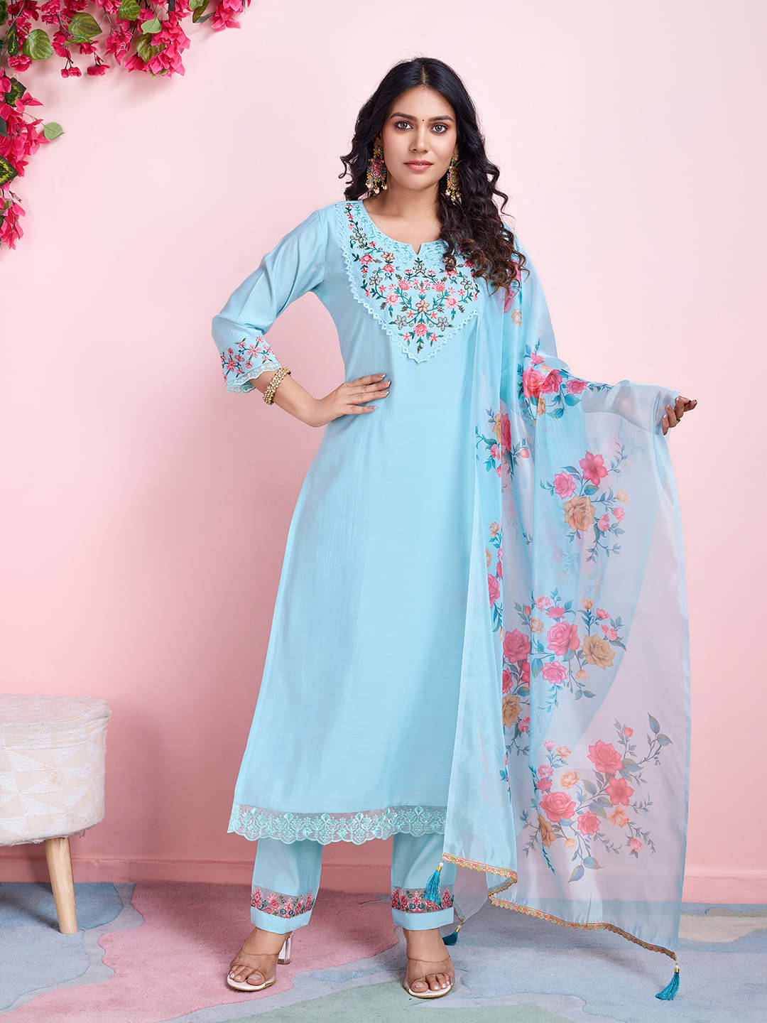 MOJILAA Viscose Embroidered Kurti With Pants Women's Stitched Salwar Suit - Light Blue ( Pack of 1 ) MOJILAA Viscose Embroidered Kurti With Pants Women's Stitched Salwar Suit - Light Blue ( Pack of 1 )