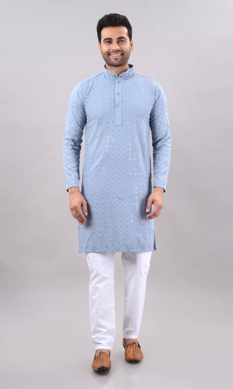 MOUDLIN Light Grey Cotton Blend Regular Fit Men's Kurta Pyjama Set ( Pack of 1 ) - Kurtas & Kurta Sets | Buy online on ZillyBuy