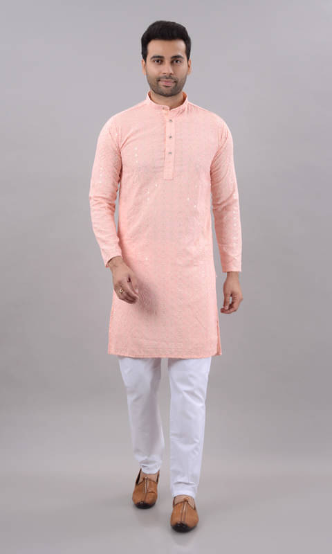 MOUDLIN Peach Cotton Blend Regular Fit Men's Kurta Pyjama Set ( Pack of 1 ) MOUDLIN Peach Cotton Blend Regular Fit Men's Kurta Pyjama Set ( Pack of 1 )