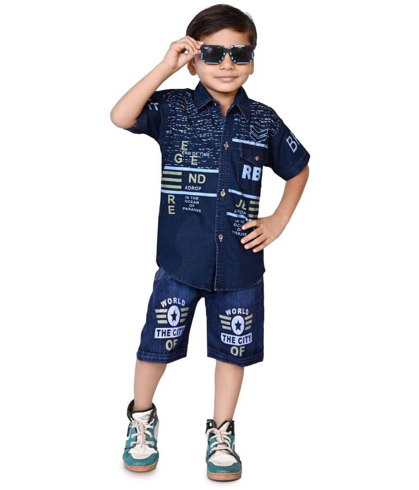 New Collection Pack of 1 Boys Denim Shirt & Pants Set ( Blue )