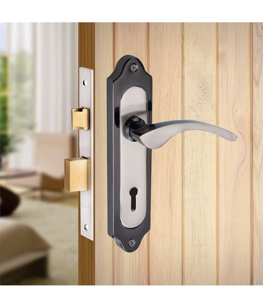 Onmax 7 inches Mortise Door Handle Lock Black Silver Finish with 65 mm Double Turn Door Lock 6 Lever with 3 Keys, Mortise Lock, Door Lock, Main gate, Home, Office Lock (HML6+S710MSB)