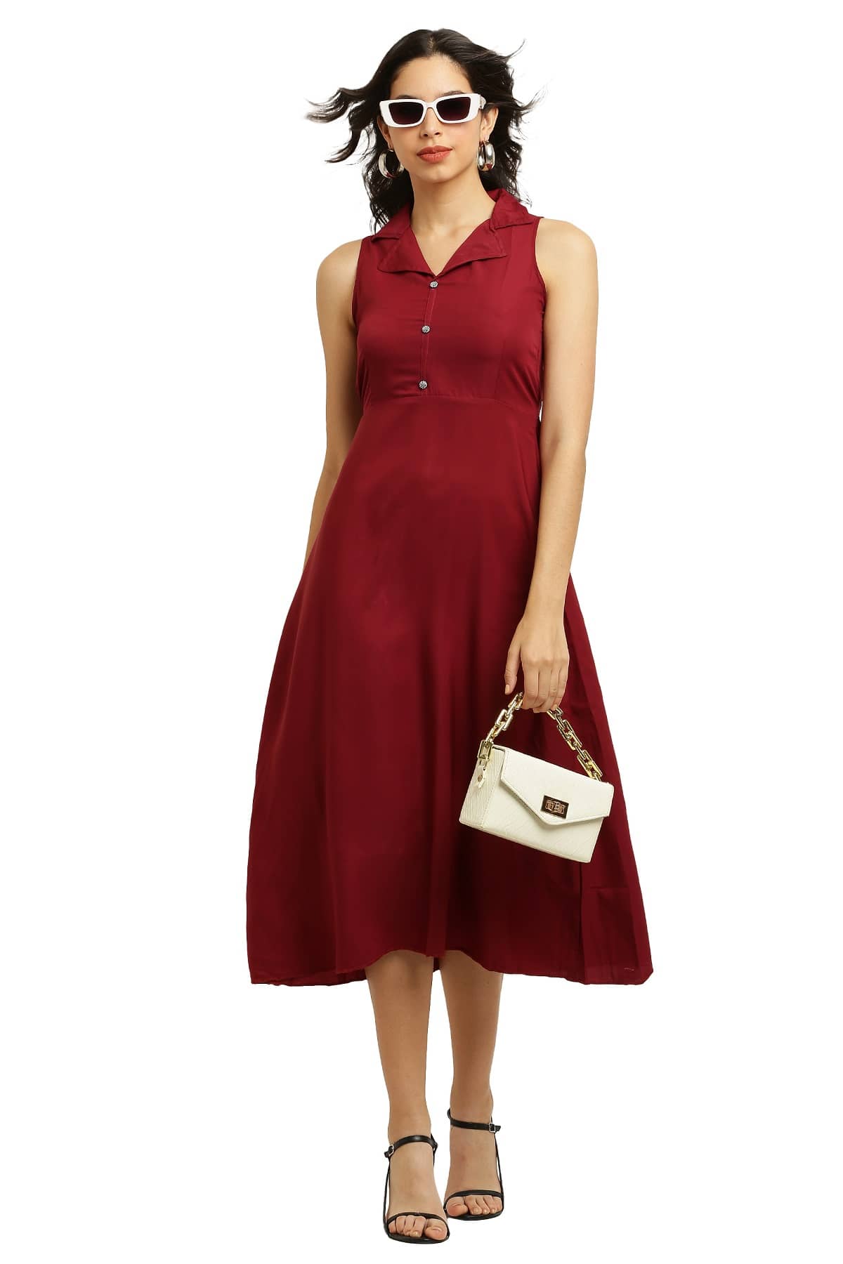 READYON Women Crepe Solid Fit & Flare Dress ( Maroon )