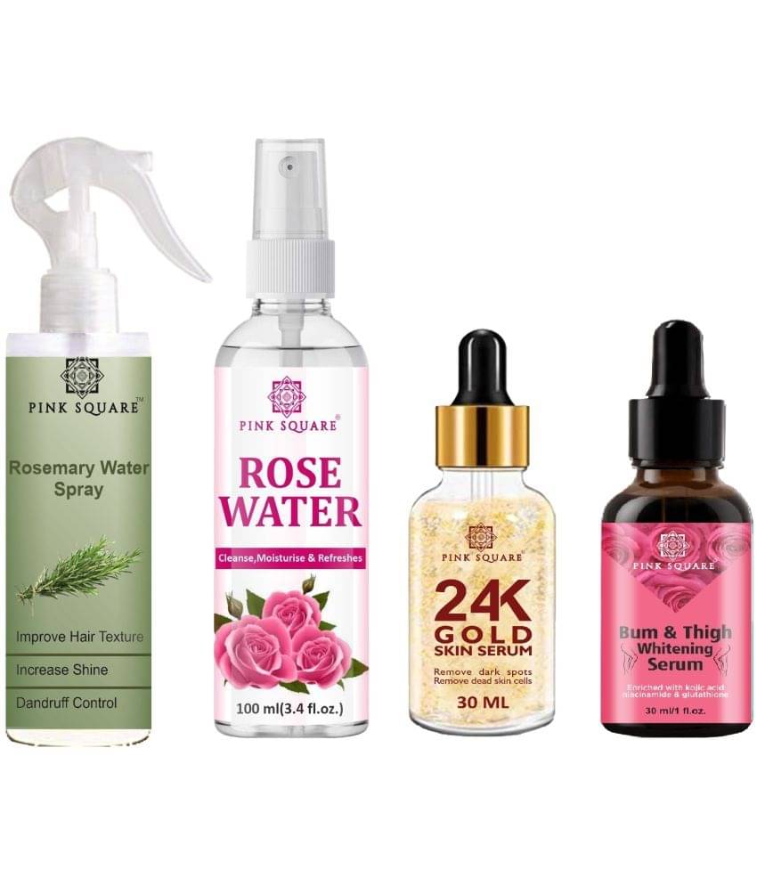 Rosemary Water Hair Spray 100ml, Rose water for Cleansing 100ml, 24K Gold Serum 30ml & Bum and Thigh Whitening 30ml Combo of 4     			Rosemary Water Hair Spray 100ml, Rose water for Cleansing 100ml, 24K Gold Serum 30ml & Bum and Thigh Whitening 30ml Combo of 4