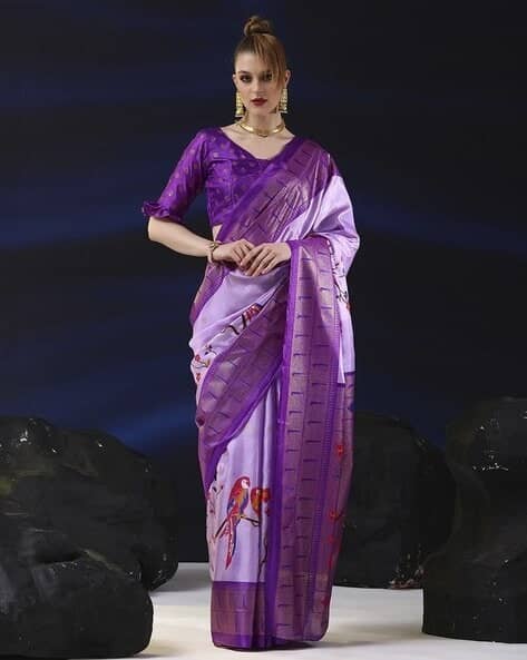 Sanwariya Silk Silk Blend Printed Saree With Unstitched Blouse Piece ( Purple ) - Sarees | Buy online on ZillyBuy