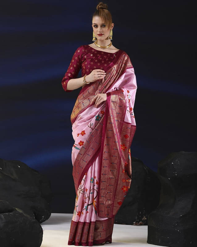 Sitanjali Silk Blend Printed Saree With Unstitched Blouse Piece ( Pink ) Sitanjali Silk Blend Printed Saree With Unstitched Blouse Piece ( Pink )