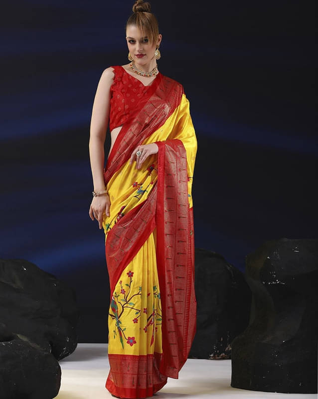 Sitanjali Silk Blend Printed Saree With Unstitched Blouse Piece ( Yellow ) Sitanjali Silk Blend Printed Saree With Unstitched Blouse Piece ( Yellow )