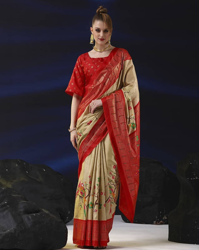     			Sitanjali Silk Blend Printed Saree With Unstitched Blouse Piece ( Cream )