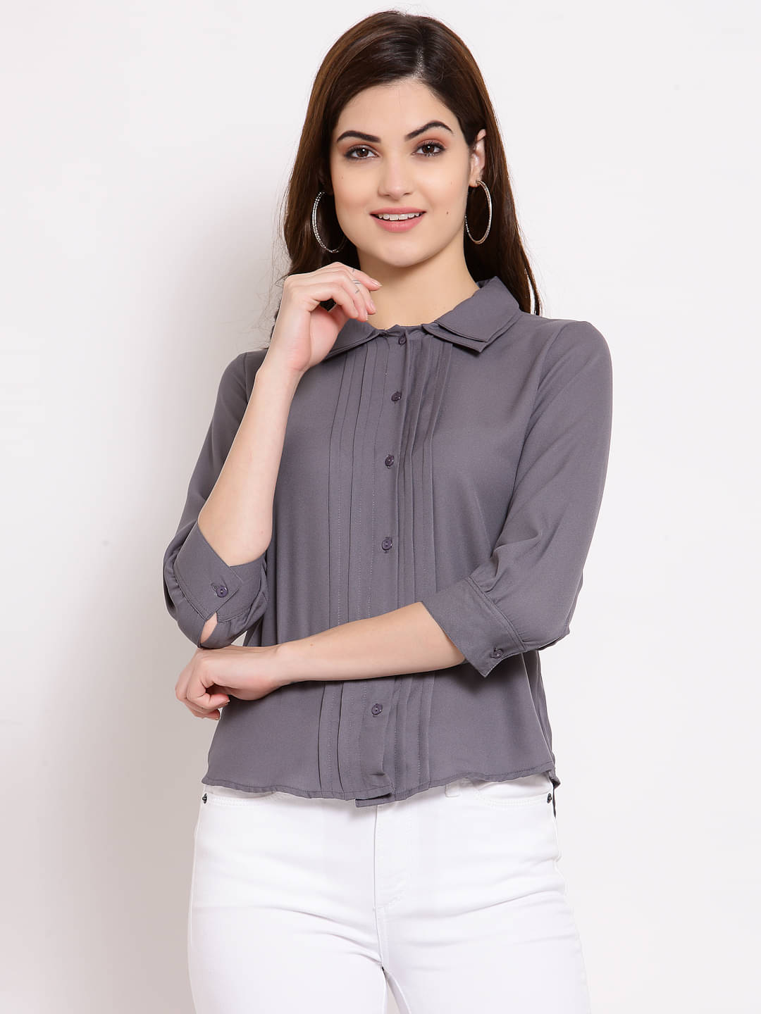     			Style Quotient by NOI Women Solid Polyester Shirt ( Grey )