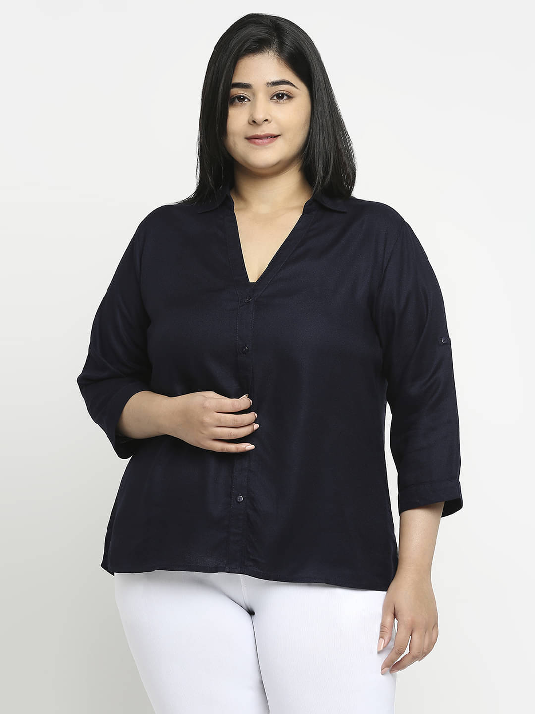     			Style Quotient by NOI Women Solid Rayon Shirt ( Navy Blue )