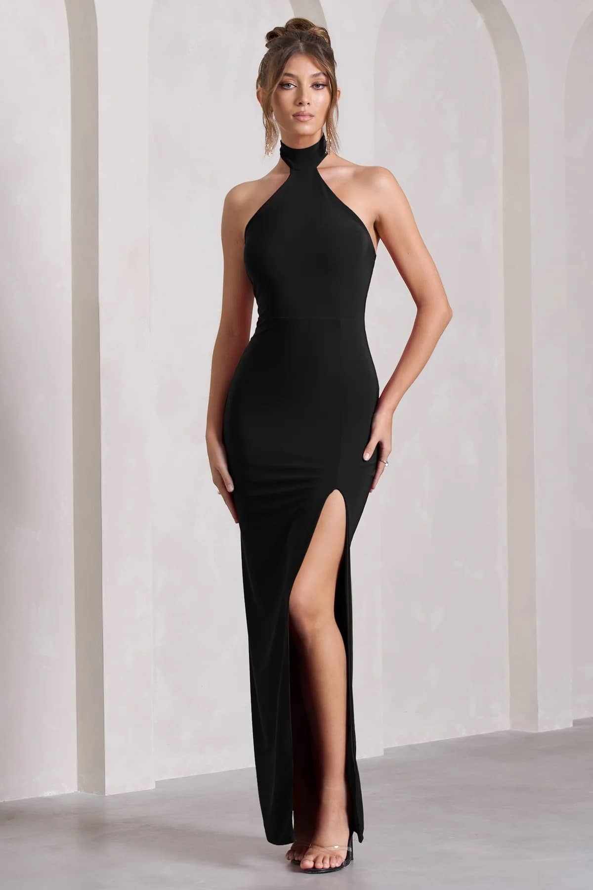 Traquila Women Lycra Solid Side Slit Dress ( Black )