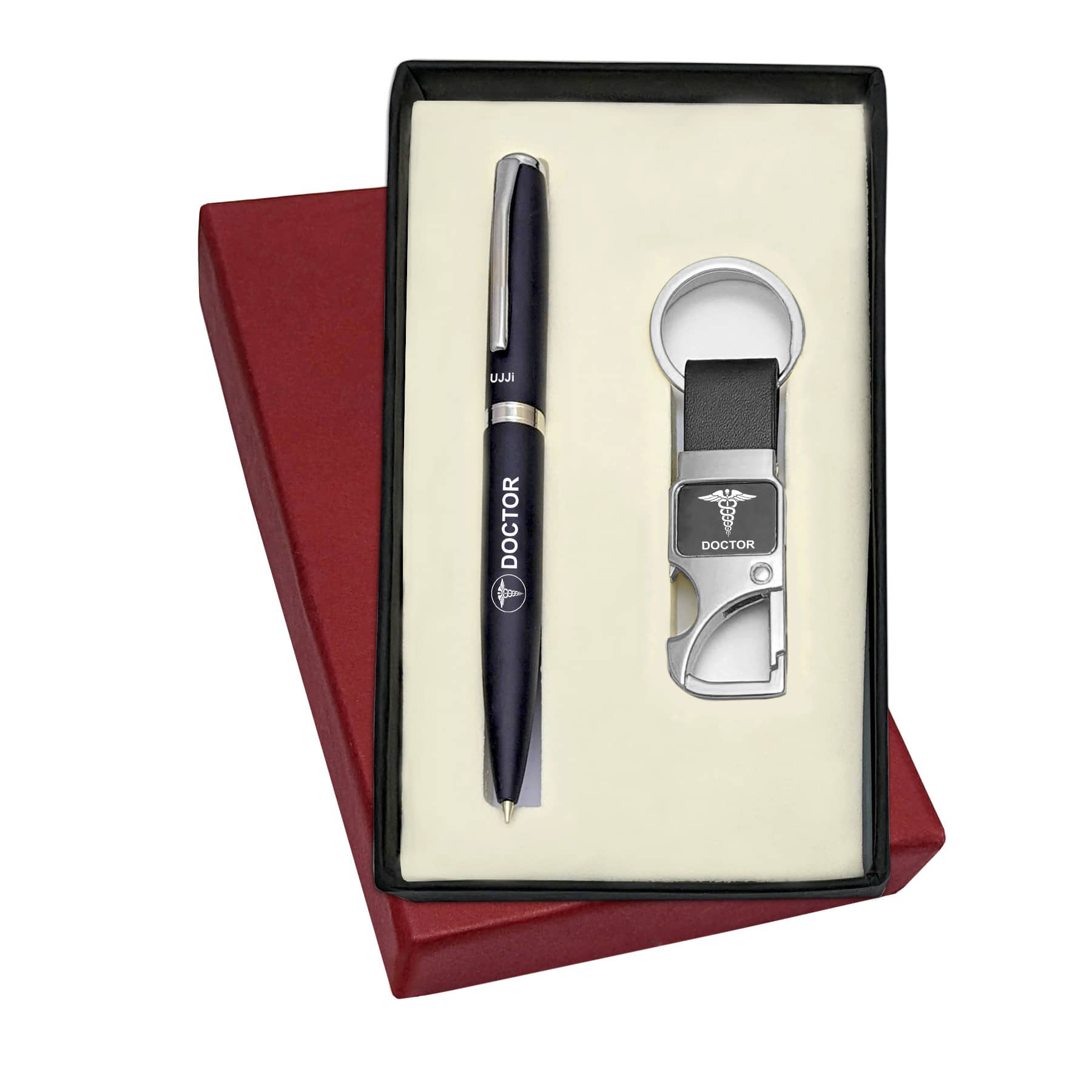 UJJi Doctor Logo Matte Black Pen with Bottle Opener Hook Keychain Pen Gift Set