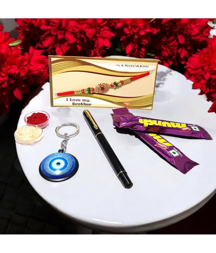 auteur 801 Stylish Black Roller Ball Pen and Designer Rakhi Gift Set for Brother With Evil Eye Keychain, Chocolates, Roli, Mishri and Rice.
