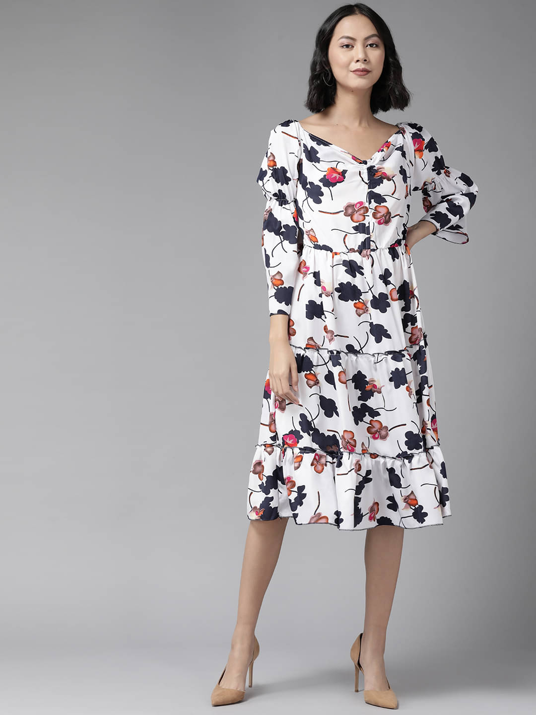 Aarika Women Cotton Blend Printed Fit & Flare Dress ( White ) Aarika Women Cotton Blend Printed Fit & Flare Dress ( White )