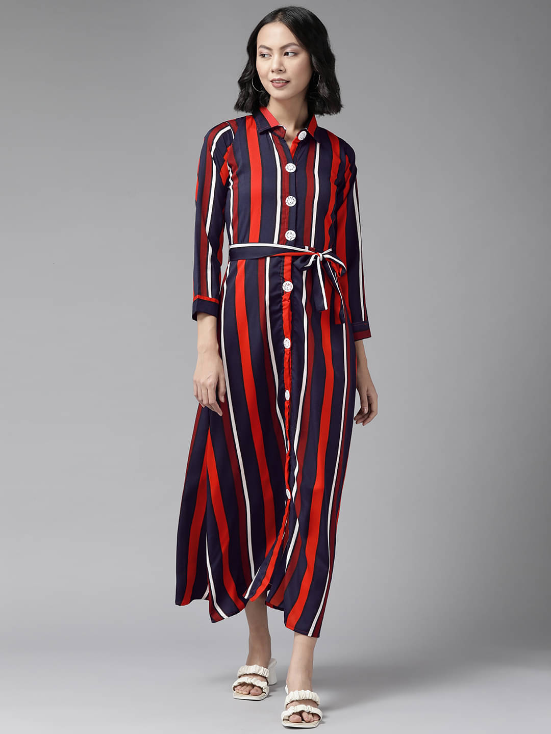 Aarika Women Cotton Blend Striped A-line Dress ( Multicolor )     			Aarika Women Cotton Blend Striped A-line Dress ( Multicolor )