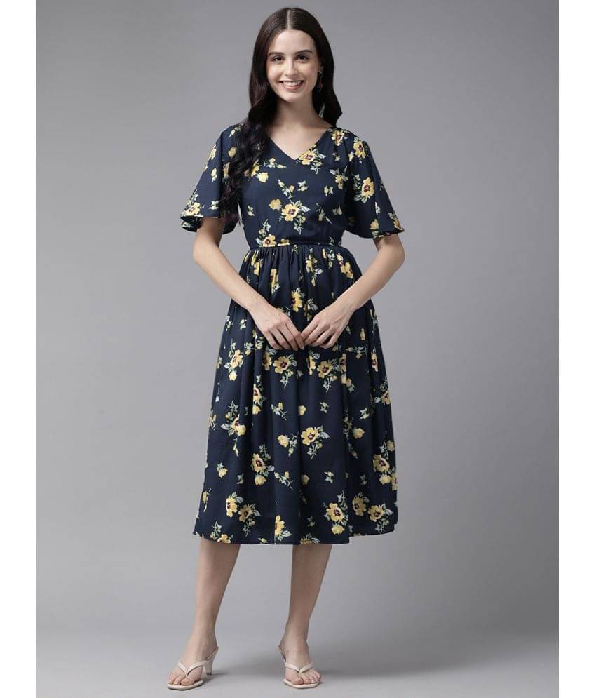     			Aarika Women Crepe Printed Fit & Flare Dress ( Navy Blue )