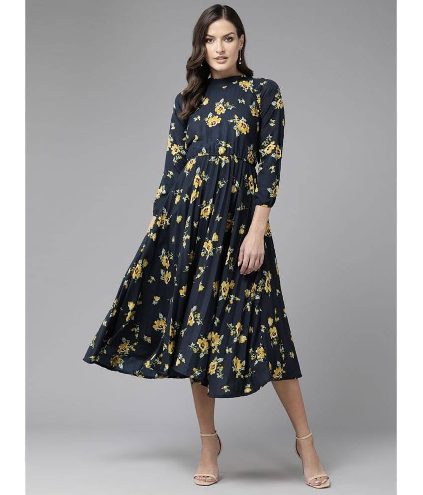 Aarika Women Crepe Printed Fit & Flare Dress ( Navy Blue ) Aarika Women Crepe Printed Fit & Flare Dress ( Navy Blue )