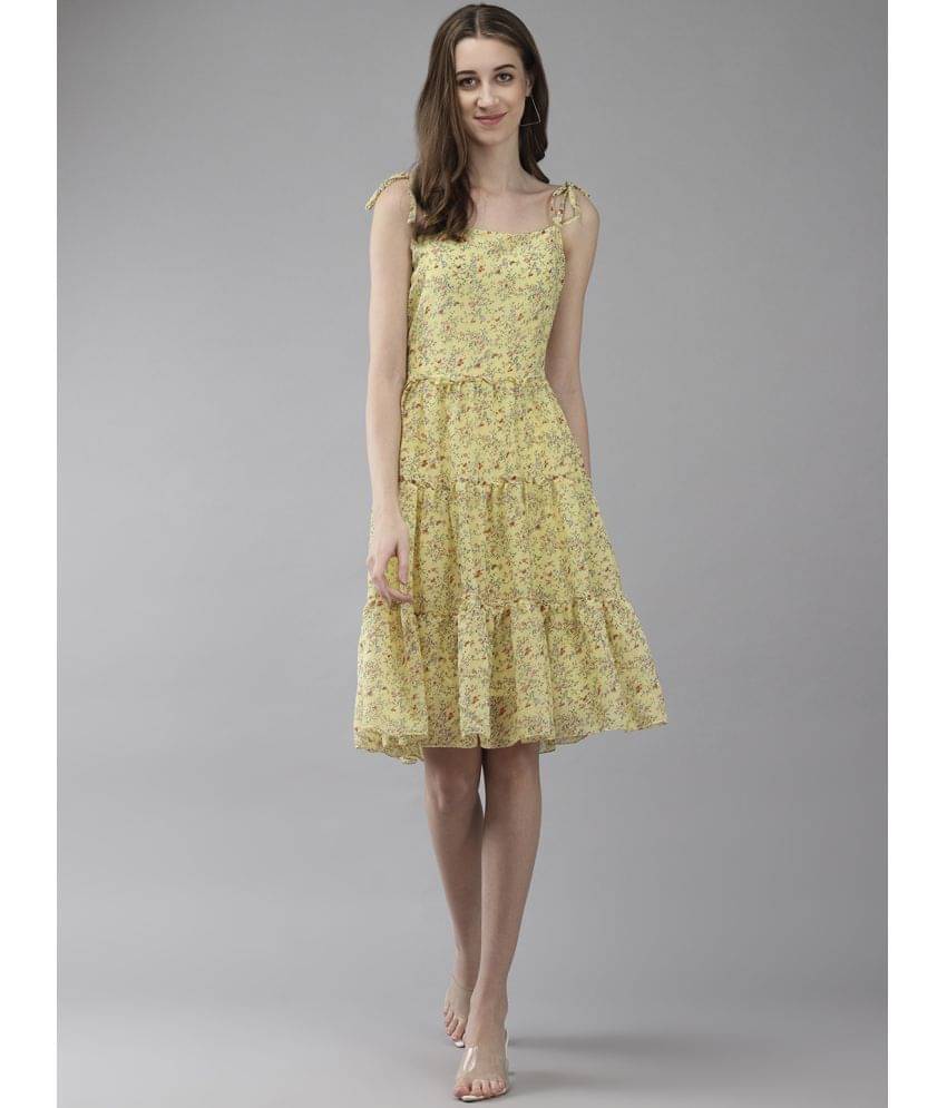     			Aarika Women Georgette Printed Fit & Flare Dress ( Yellow )