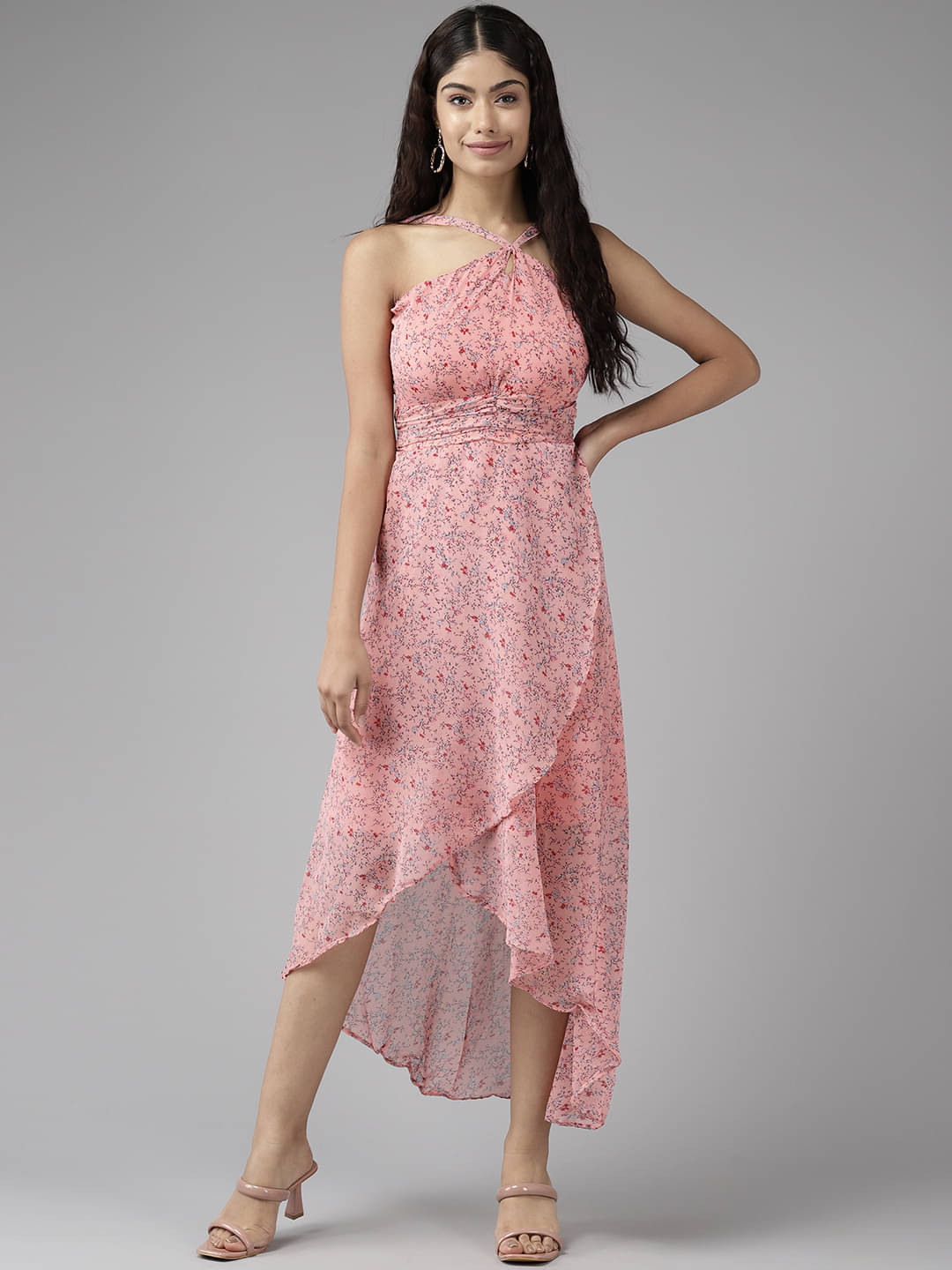 Aarika Women Georgette Printed Fit & Flare Dress ( Peach ) Aarika Women Georgette Printed Fit & Flare Dress ( Peach )
