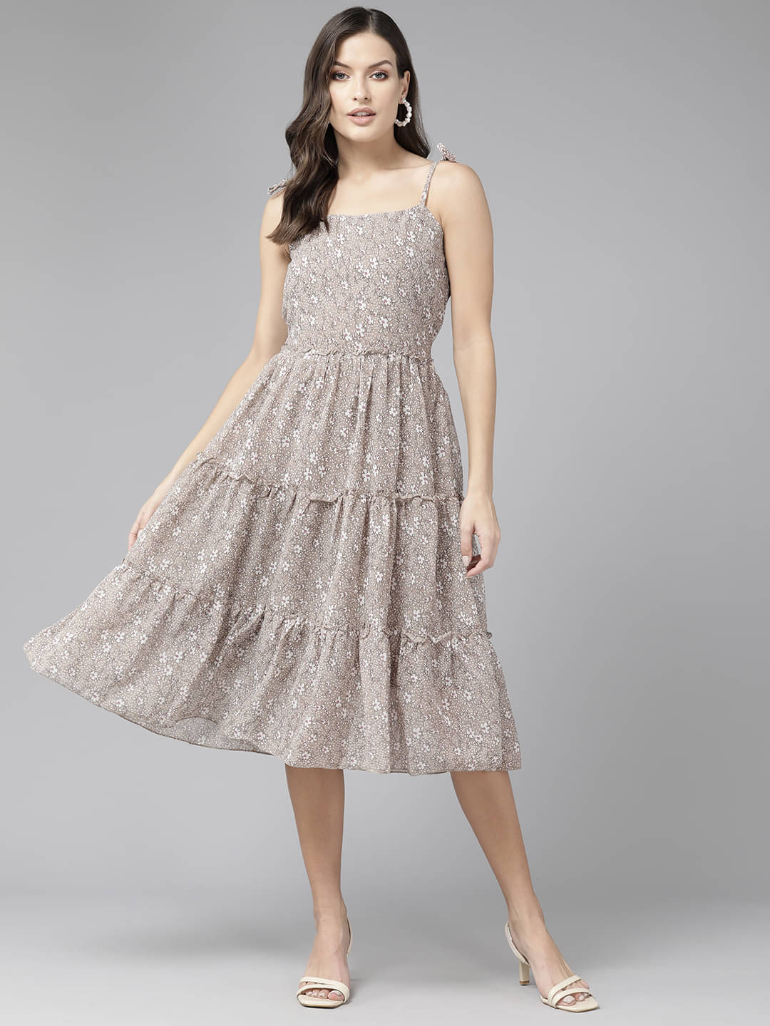 Aarika Women Georgette Printed Fit & Flare Dress ( Brown ) Aarika Women Georgette Printed Fit & Flare Dress ( Brown )