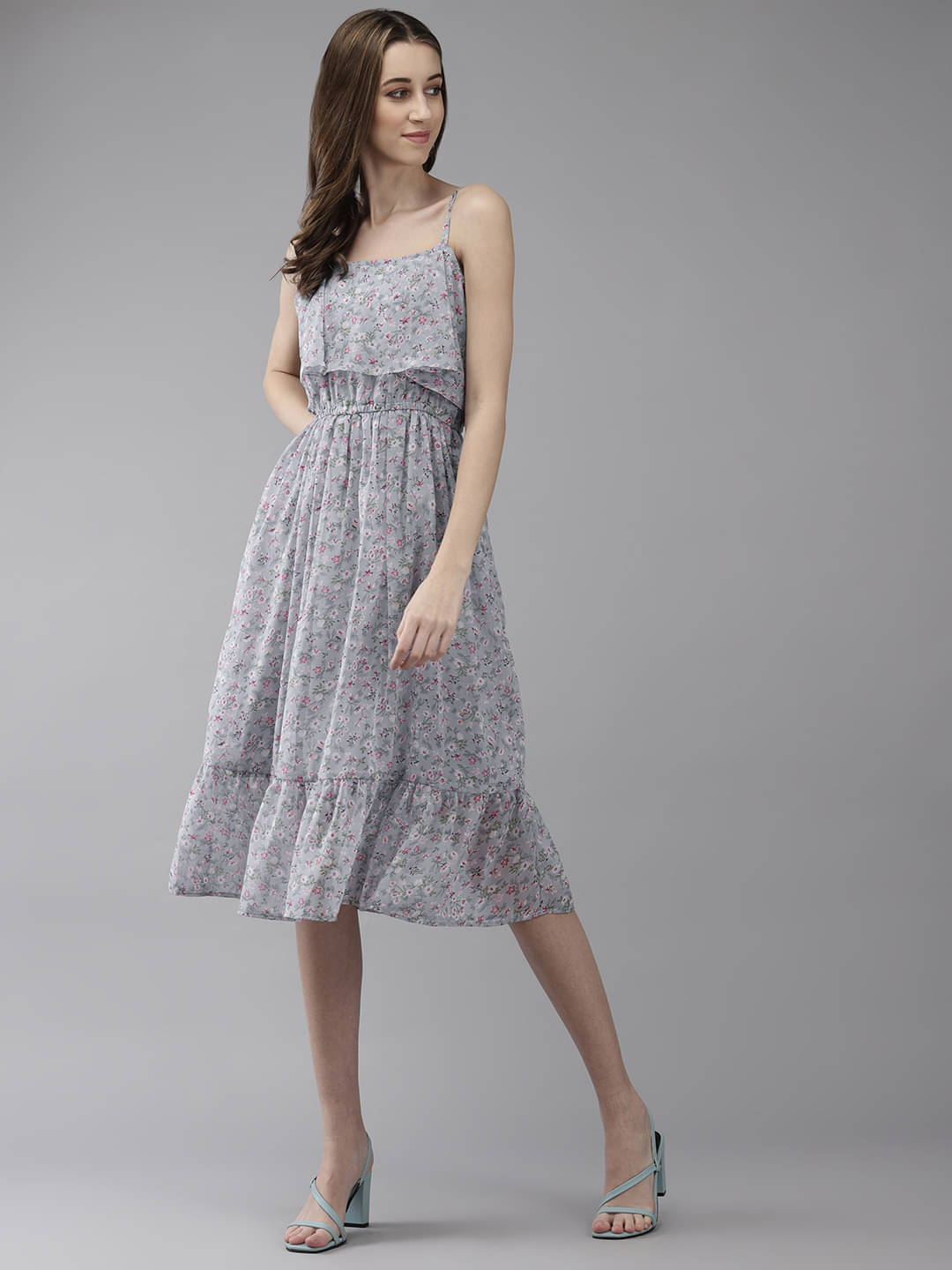 Aarika Women Georgette Printed Fit & Flare Dress ( Grey ) Aarika Women Georgette Printed Fit & Flare Dress ( Grey )