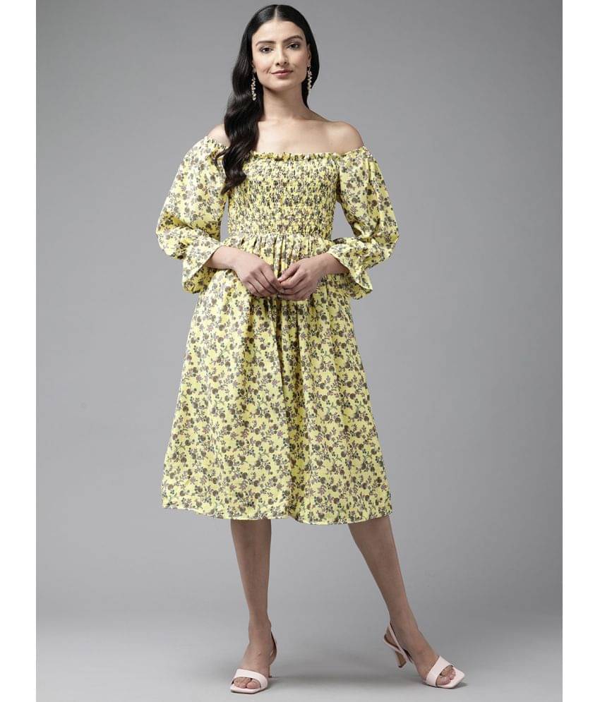     			Aarika Women Georgette Printed Fit & Flare Dress ( Yellow )