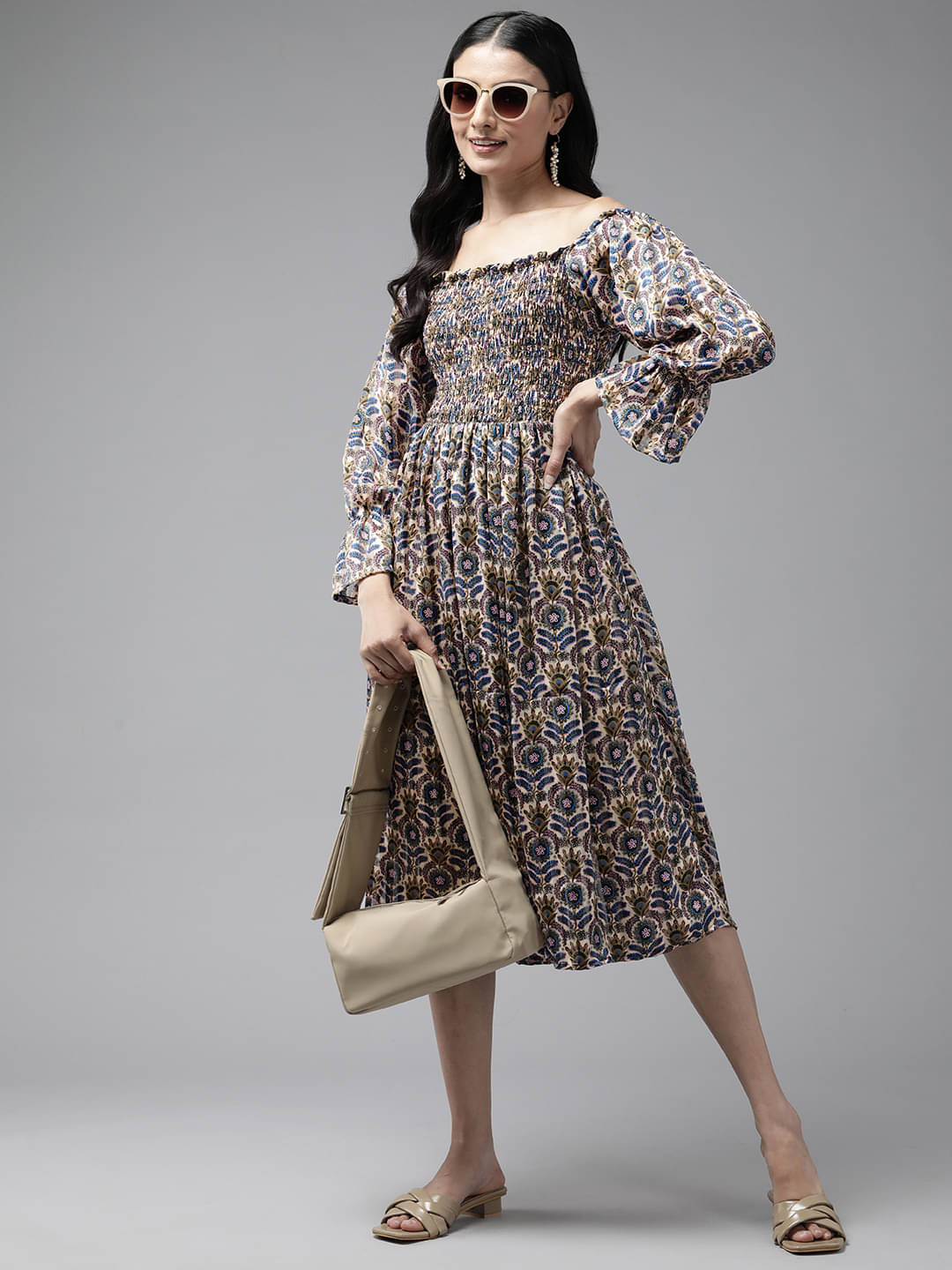     			Aarika Women Georgette Printed Fit & Flare Dress ( Beige )