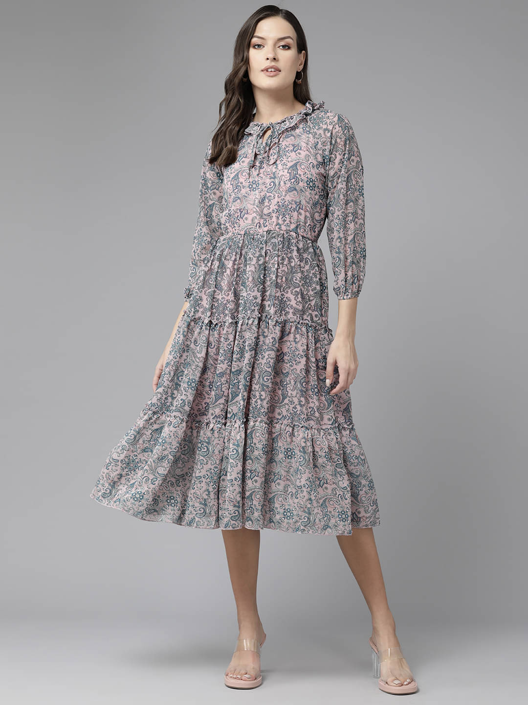 Aarika Georgette Printed Midi Women's Fit & Flare Dress - Pink ( Pack of 1 ) Aarika Georgette Printed Midi Women's Fit & Flare Dress - Pink ( Pack of 1 )