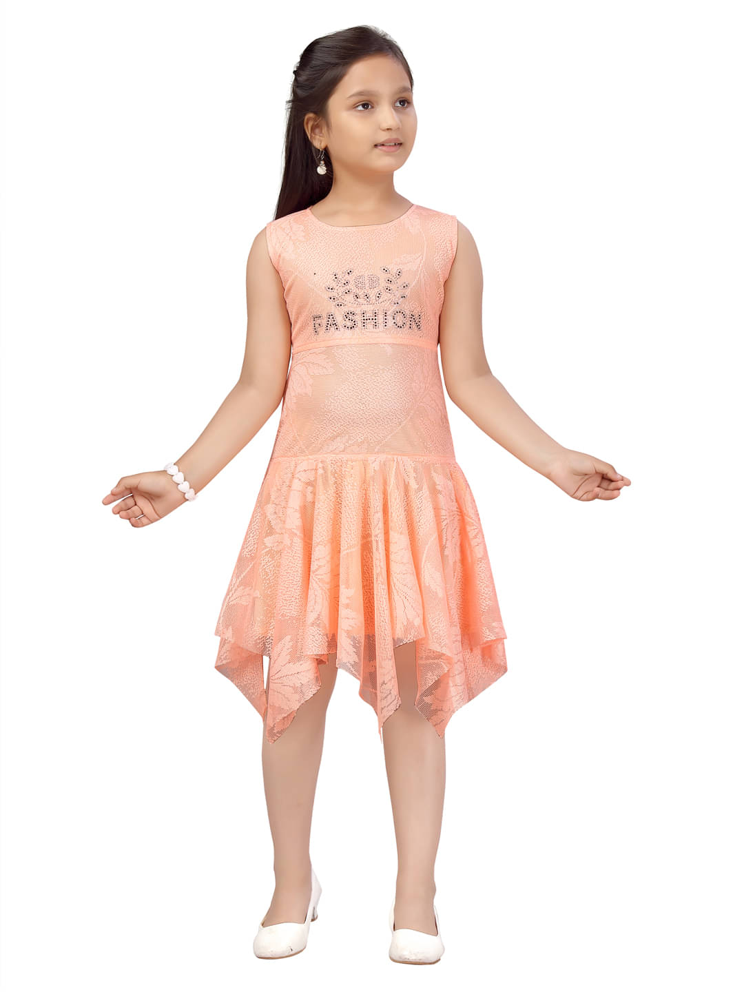 Aarika Net Asymmetric Dress For Girls ( Pack of 1 , Peach ) Aarika Net Asymmetric Dress For Girls ( Pack of 1 , Peach )